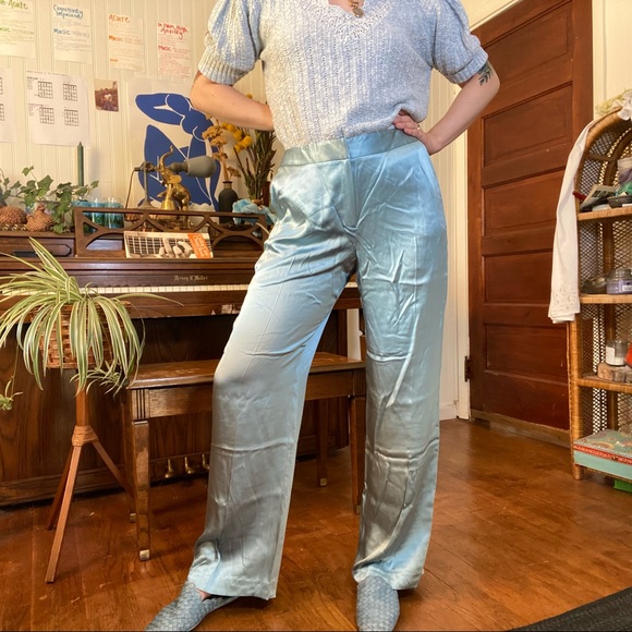 vintage silk baby blue pastel high waist trousers with pockets waist 32 x 32 - Picture 2 of 16